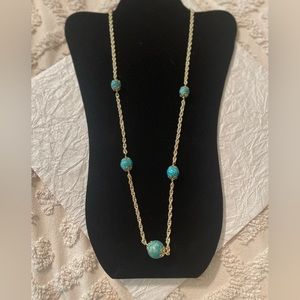 Long Gold & Turquoise  Necklace ~ 26”